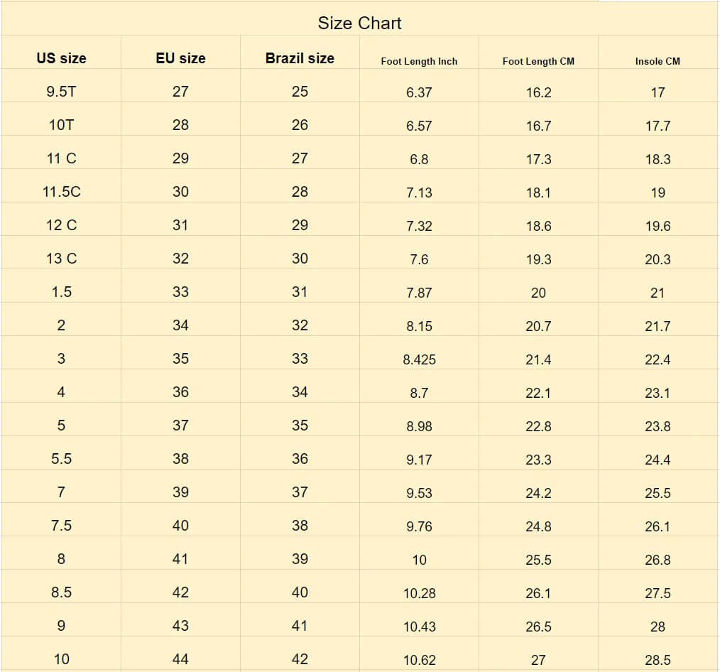 Sonic Shoes Size Information
