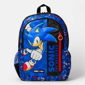 A Sonic the Hedgehog backpack featuring Sonic in an action pose, perfect for school and travel.