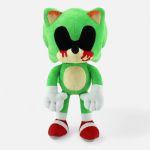 Sonic EXE plush green toy with black eyes and red blood accents for fans.