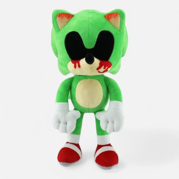 Sonic EXE plush green toy with black eyes and red blood accents for fans.