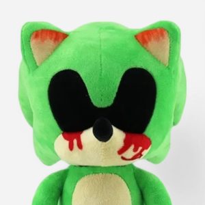 Sonic EXE plush green horror toy with black eyes and red stains for fans.