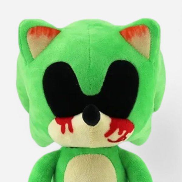 Sonic EXE plush green horror toy with black eyes and red stains for fans.